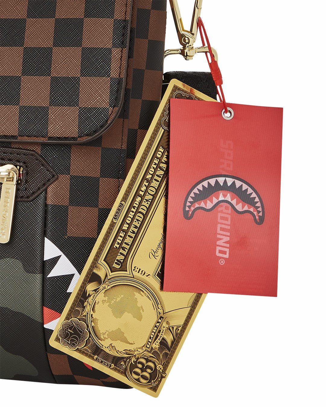 EXTERIOR GOLD ZIP POCKET SHARKS IN PARIS MESSENGER SLING BAG