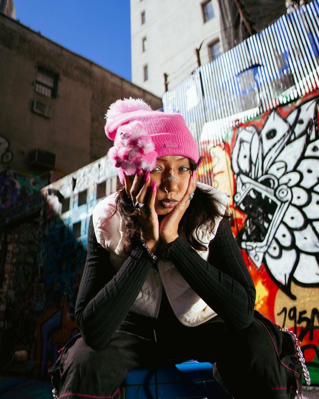 PINK LIL BEAR PUFF BEANIE