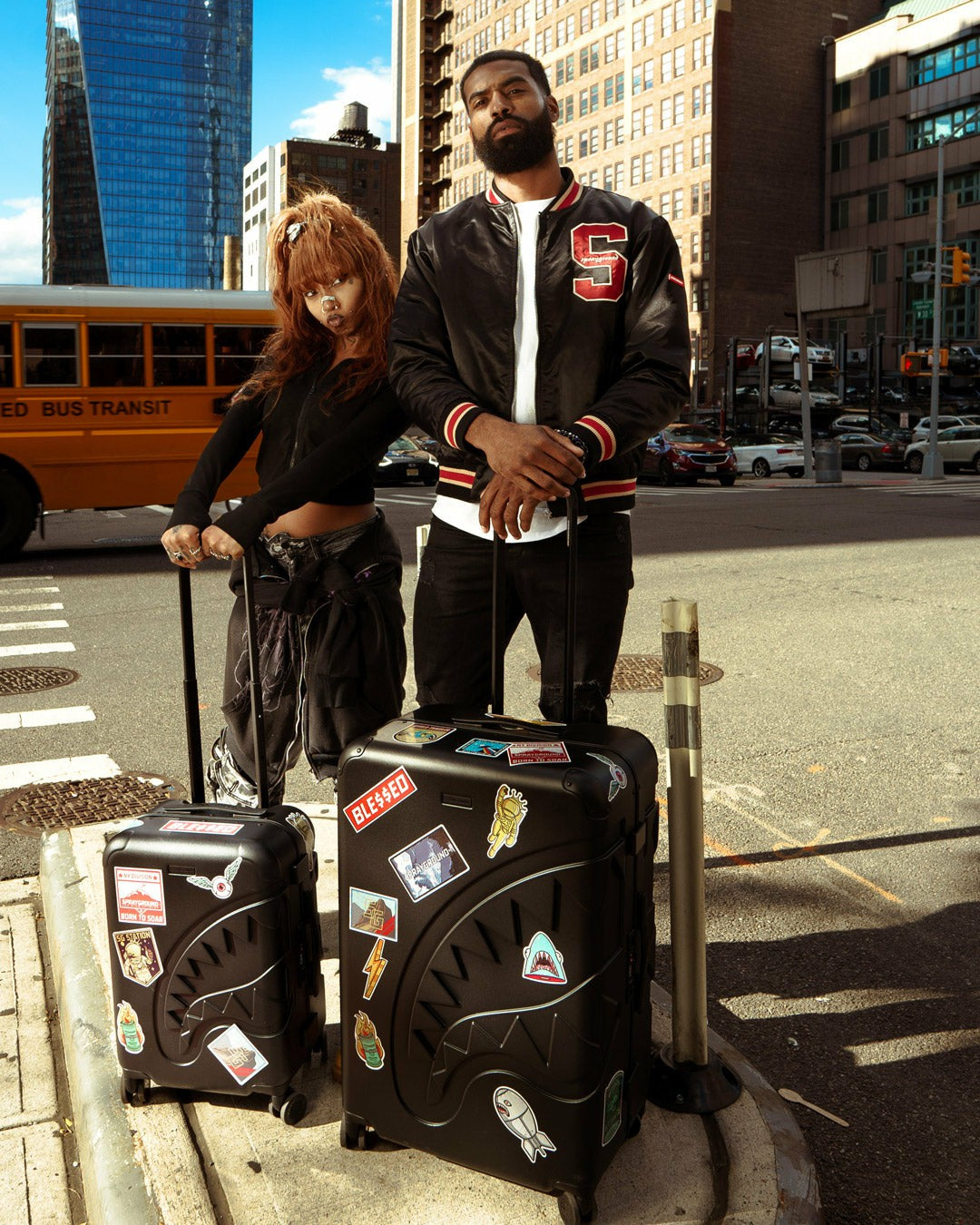 THE JOURNEY BEGINS SHARKITECTURE CARRY-ON LUGGAGE BLACK WITH EXTRA STI