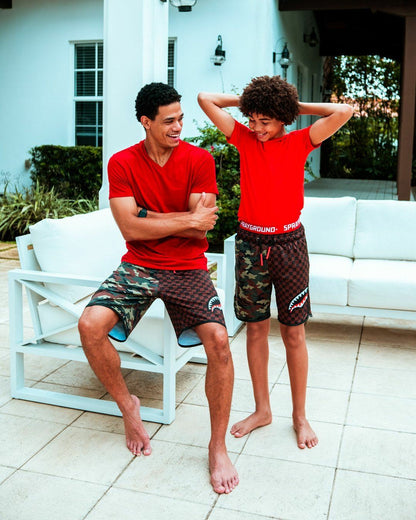 KIDS CHECKS & CAMO SWIM TRUNKS