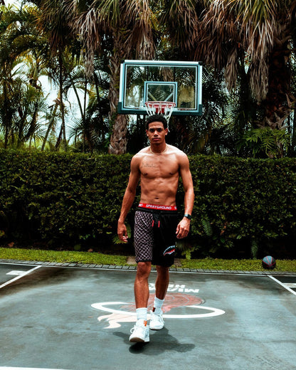 GREY CHECKERED SPLIT CORTO SWIM TRUNKS