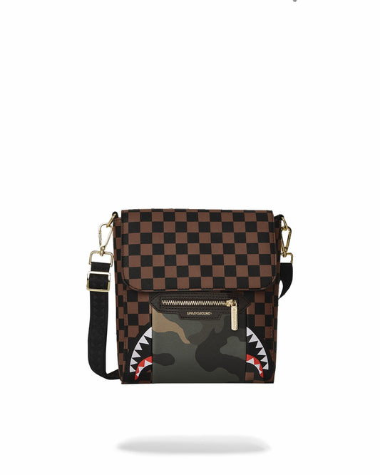 EXTERIOR GOLD ZIP POCKET SHARKS IN PARIS MESSENGER SLING BAG